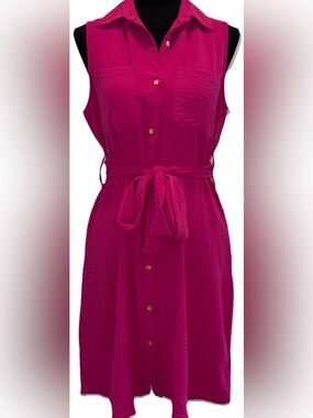 Alex & Parker Women’s Sleeveless Fuschia Dress, Pockets, Tie Belt, Small, NWT